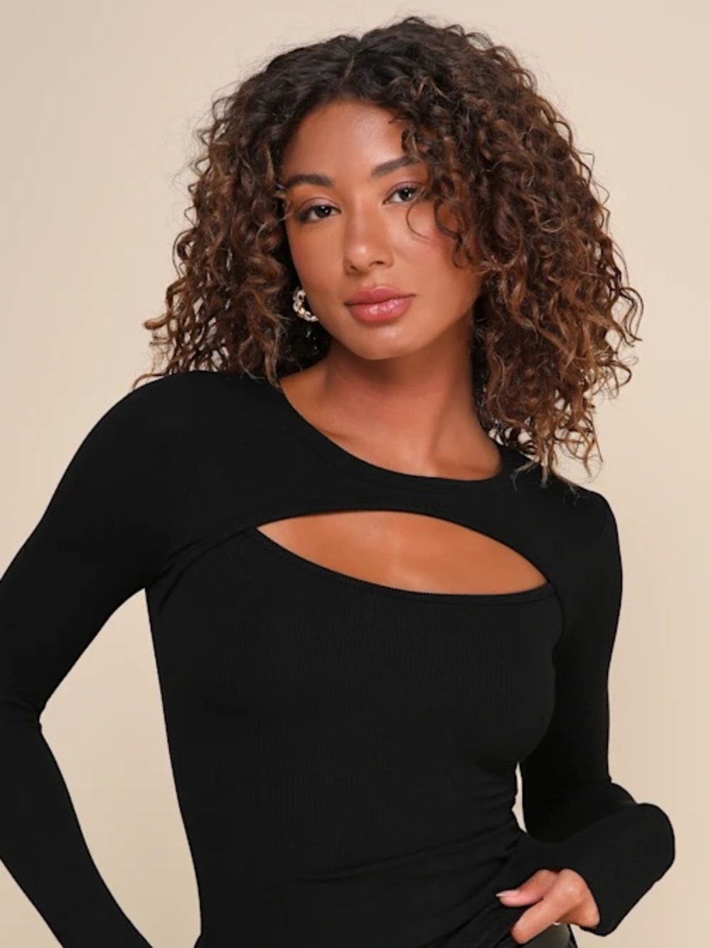 ASTR The Label Cutout Ribbed Long-Sleeve Top Black - Size XS
